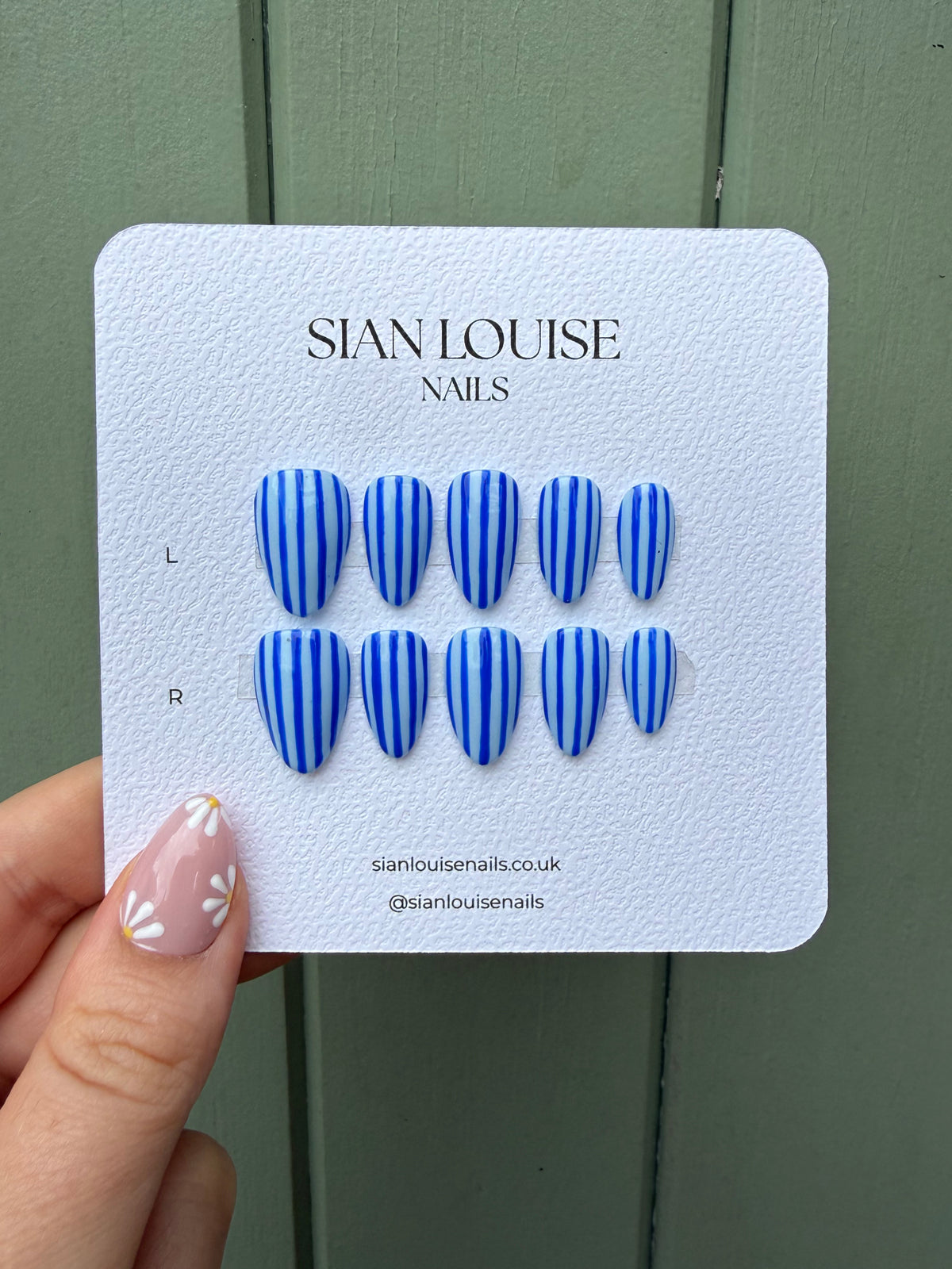Light and Dark Blue Stripe Hand-Painted Press-On Nails