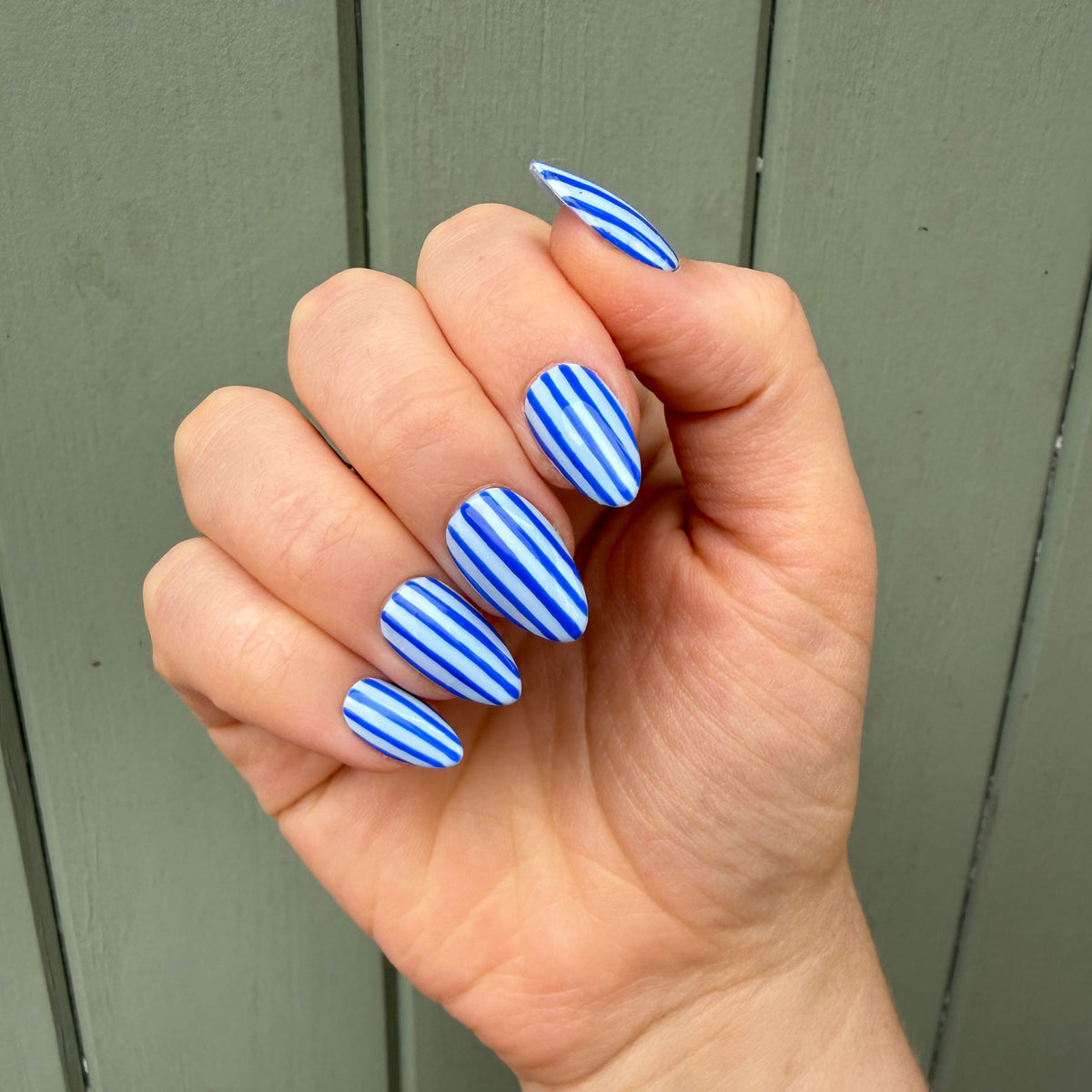 Light and Dark Blue Stripe Hand-Painted Press-On Nails