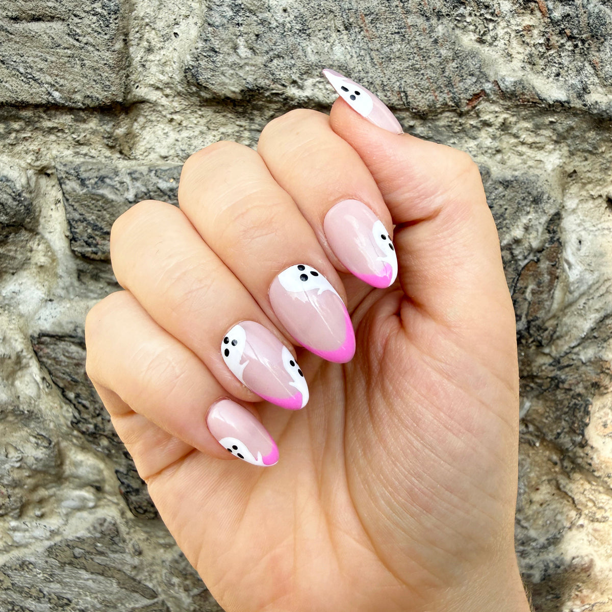 Bright Pink French Tip with Ghosts Hand-Painted Press-On Nails