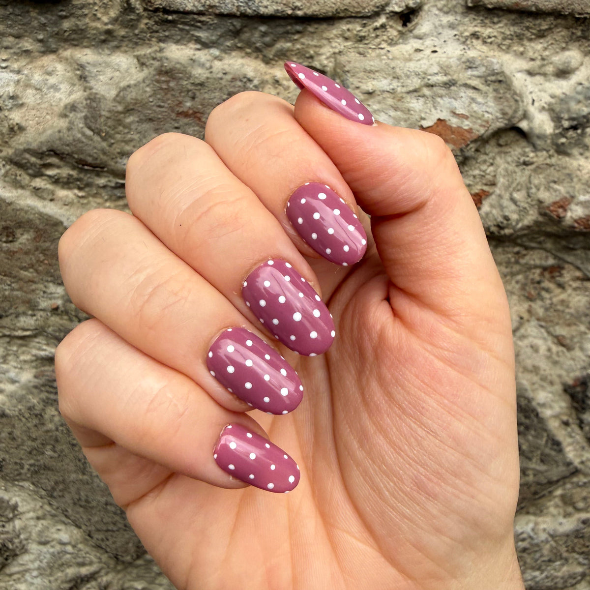 Dusky Pink and White Polka Dot Hand-Painted Press-On Nails