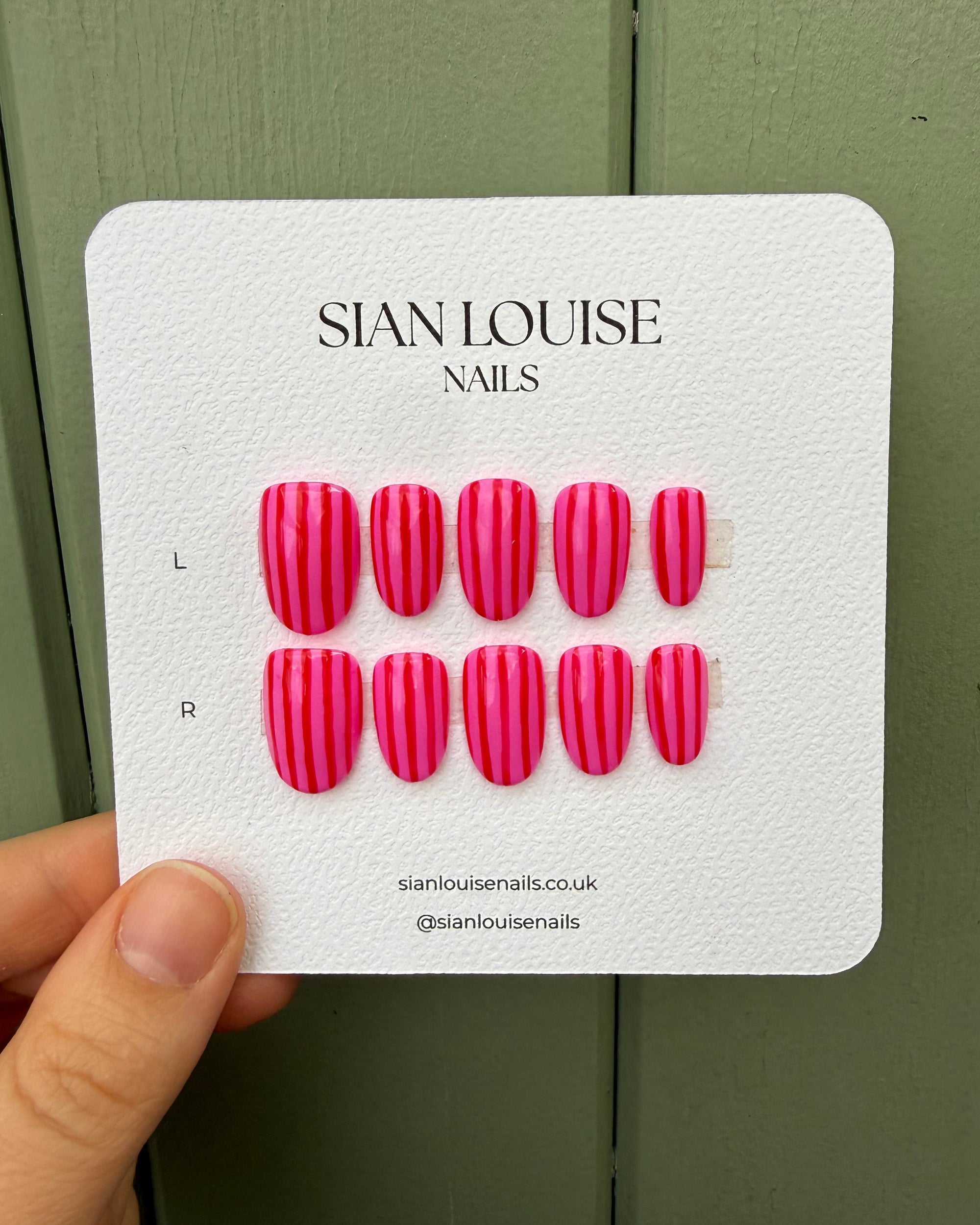 Pink and Red Stripe Hand-Painted Press-On Nails