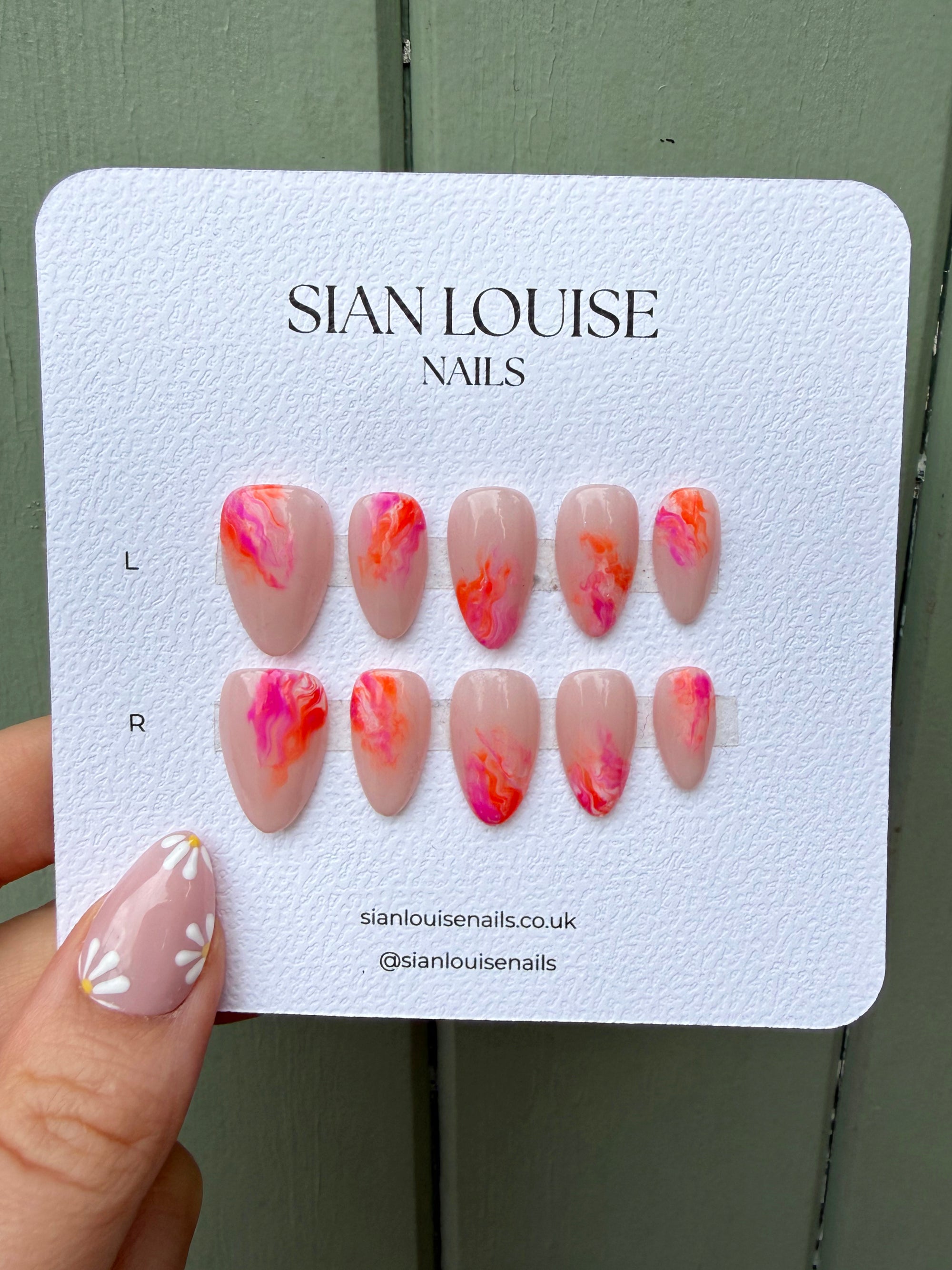 Neon Pink and Orange Marble Hand-Painted Press-On Nails