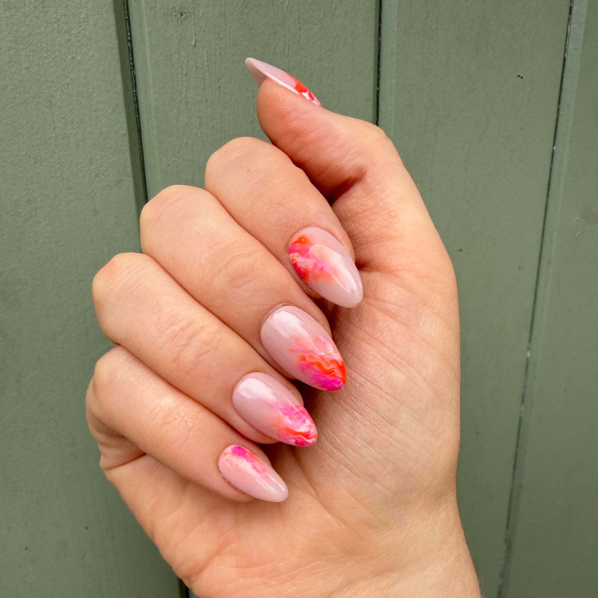 Neon Pink and Orange Marble Hand-Painted Press-On Nails