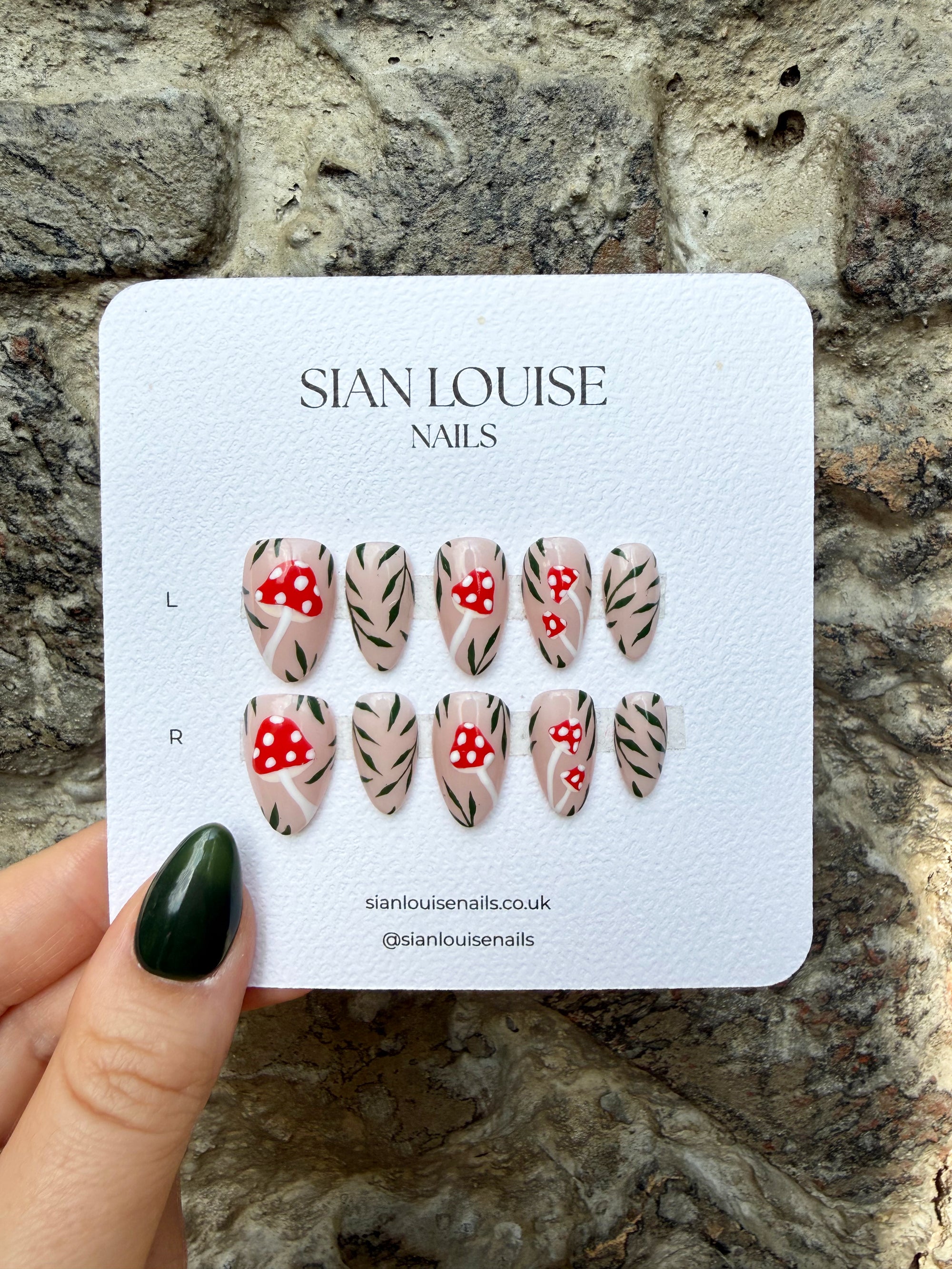 Red Mushroom and Vines Hand-Painted Press-On Nails