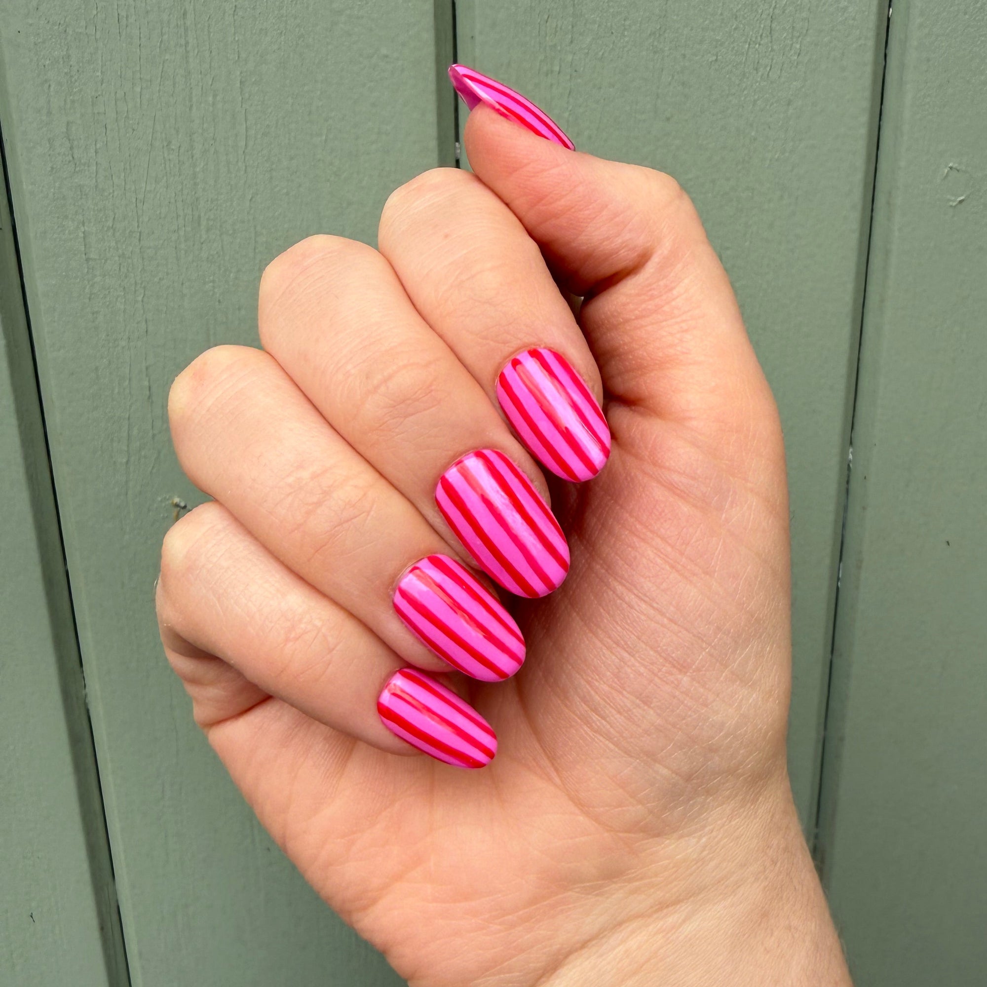 Pink and Red Stripe Hand-Painted Press-On Nails