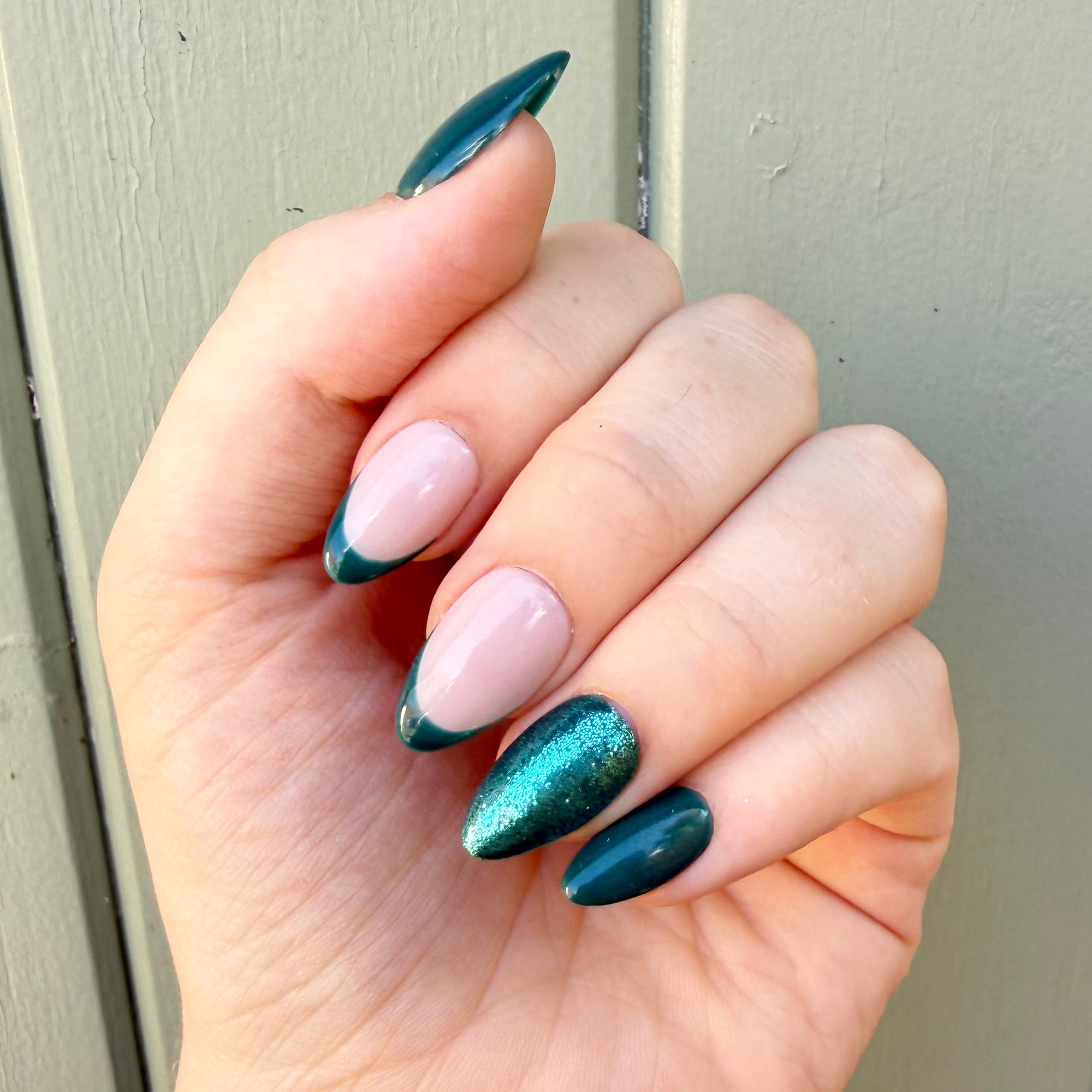 Teal Shimmer and Glitter with French Tip Hand-Painted Press-On Nails